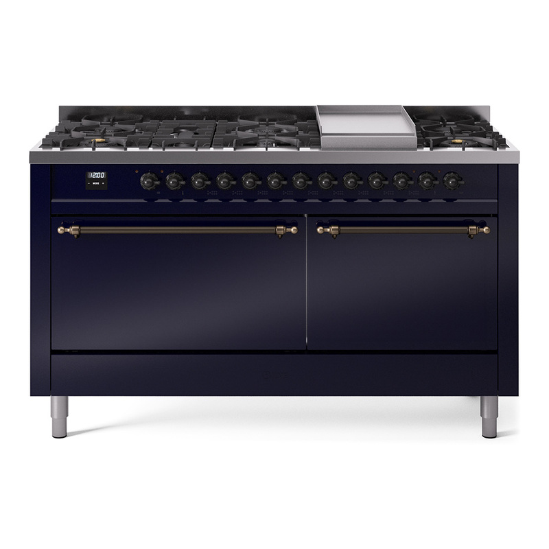 ILVE UP60FQNMPMBBLP Nostalgie II 60" Dual Fuel Range (9 Sealed Burners + Griddle, Liquid Propane, Solid Door, Midnight Blue, Bronze)