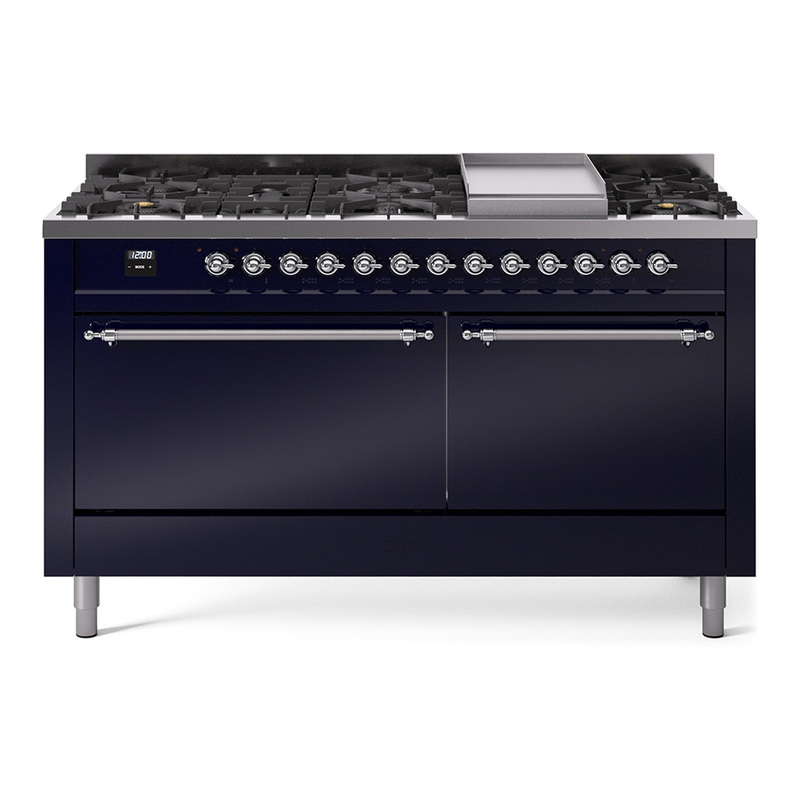 ILVE UP60FQNMPMBCLP Nostalgie II 60" Dual Fuel Range (9 Sealed Burners + Griddle, Liquid Propane, Solid Door, Midnight Blue, Chrome)