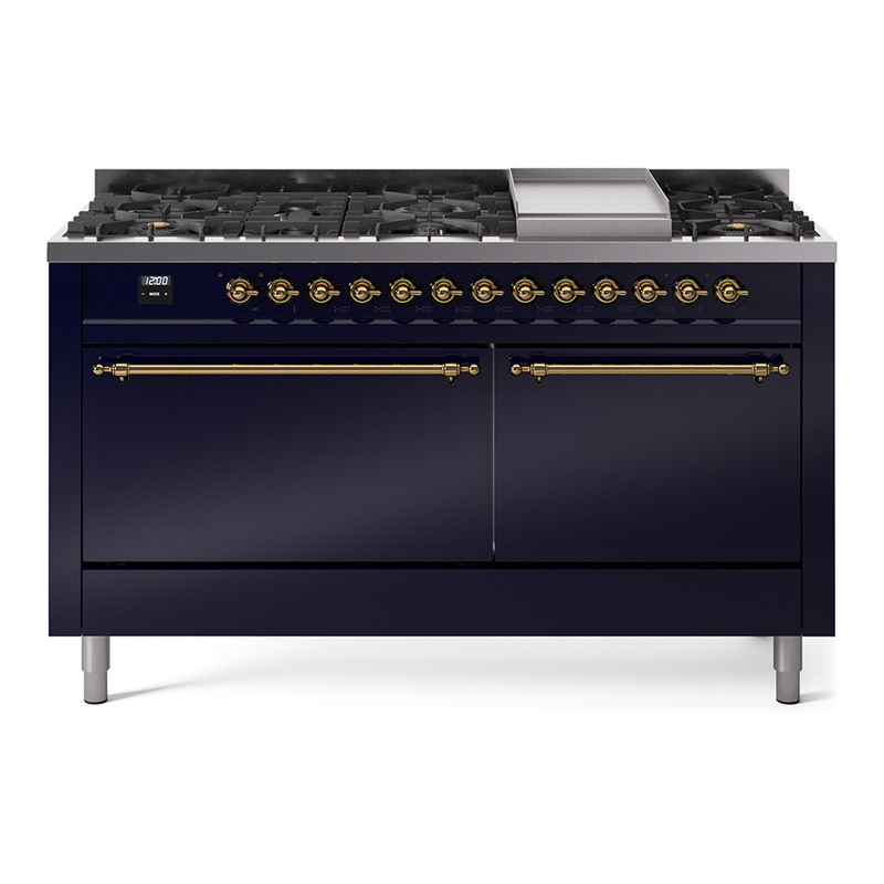 ILVE UP60FQNMPMBGLP Nostalgie II 60" Dual Fuel Range (9 Sealed Burners + Griddle, Liquid Propane, Solid Door, Midnight Blue, Brass)