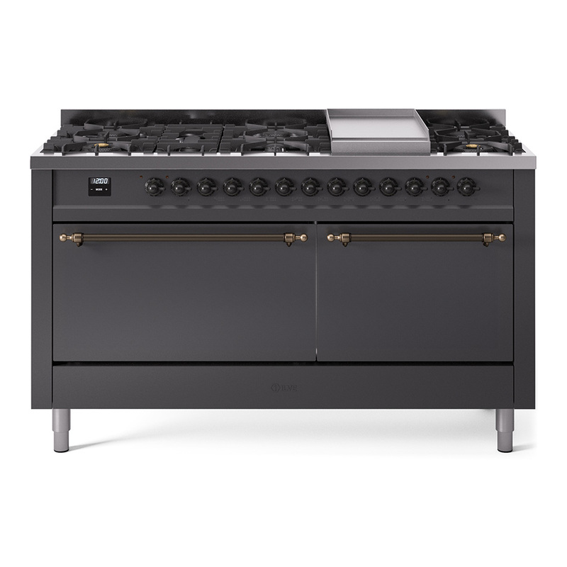 ILVE UP60FQNMPMGBLP Nostalgie II 60" Dual Fuel Range (9 Sealed Burners + Griddle, Liquid Propane, Solid Door, Graphite Matte, Bronze)