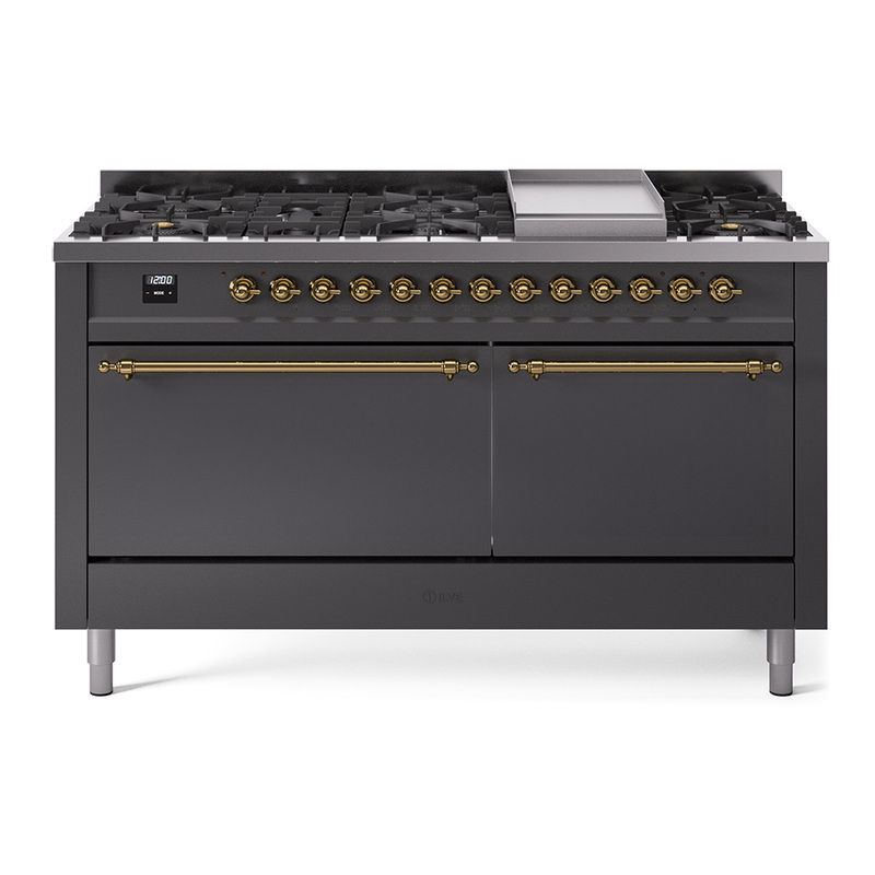 ILVE UP60FQNMPMGG Nostalgie II 60" Dual Fuel Range (9 Sealed Burners + Griddle, Natural Gas, Solid Door, Graphite Matte, Brass)