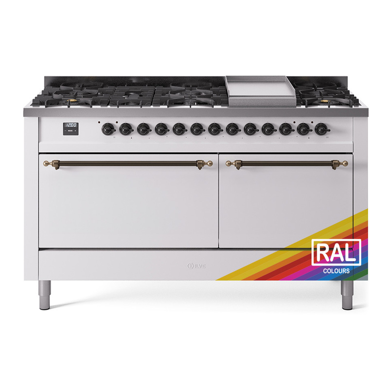 ILVE UP60FQNMPRAB Nostalgie II 60" Dual Fuel Range (9 Sealed Burners + Griddle, Natural Gas, Solid Door, RAL, Bronze)