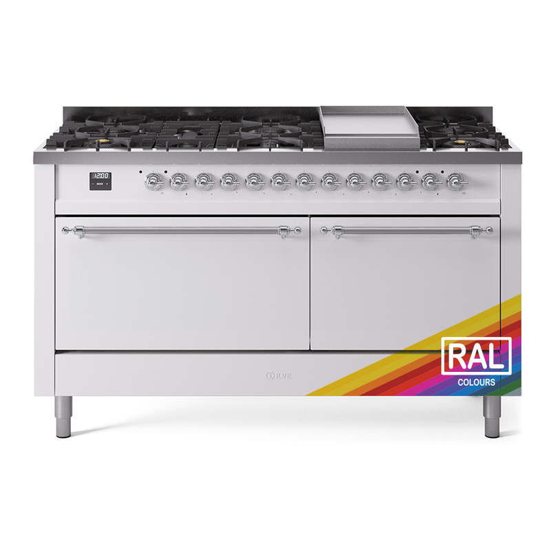 ILVE UP60FQNMPRACLP Nostalgie II 60" Dual Fuel Range (9 Sealed Burners + Griddle, Liquid Propane, Solid Door, RAL, Chrome)