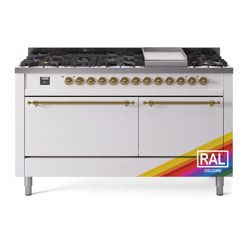 ILVE UP60FQNMPRAGLP Nostalgie II 60" Dual Fuel Range (9 Sealed Burners + Griddle, Liquid Propane, Solid Door, RAL, Brass)