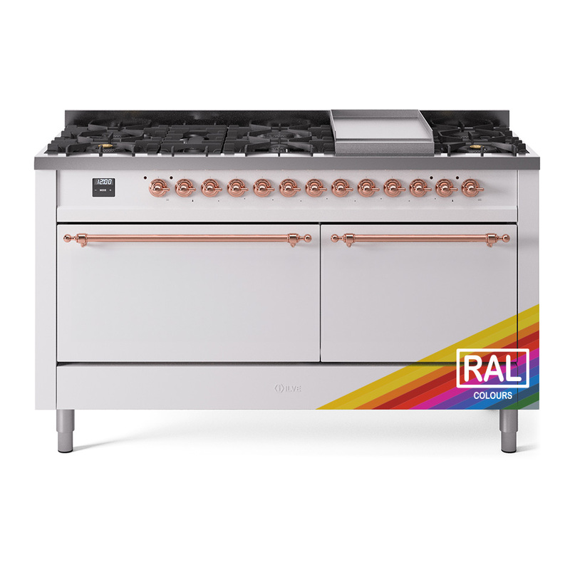 ILVE UP60FQNMPRAPLP Nostalgie II 60" Dual Fuel Range (9 Sealed Burners + Griddle, Liquid Propane, Solid Door, RAL, Copper)