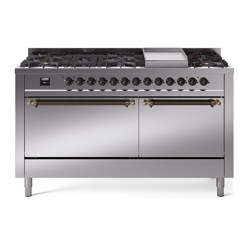 ILVE UP60FQNMPSSBLP Nostalgie II 60" Dual Fuel Range (9 Sealed Burners + Griddle, Liquid Propane, Solid Door, Stainless Steel, Bronze)