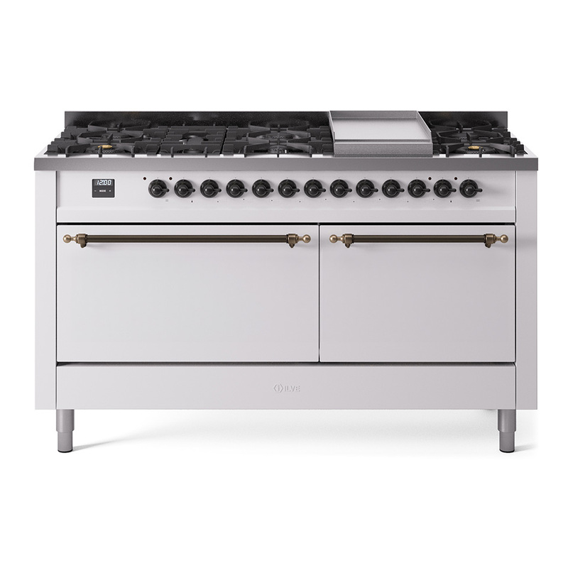 ILVE UP60FQNMPWHBLP Nostalgie II 60" Dual Fuel Range (9 Sealed Burners + Griddle, Liquid Propane, Solid Door, White, Bronze)