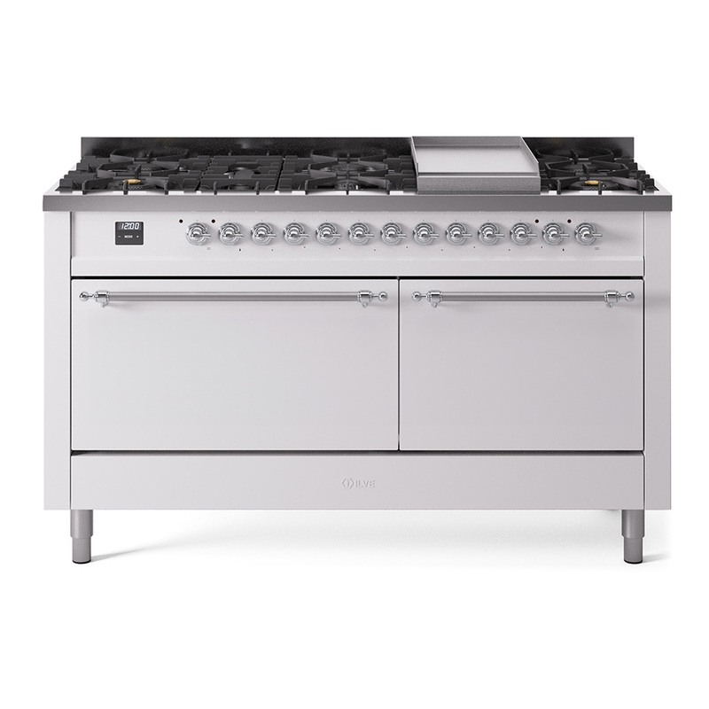 ILVE UP60FQNMPWHCLP Nostalgie II 60" Dual Fuel Range (9 Sealed Burners + Griddle, Liquid Propane, Solid Door, White, Chrome)