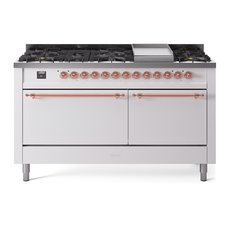 ILVE UP60FQNMPWHPLP Nostalgie II 60" Dual Fuel Range (9 Sealed Burners + Griddle, Liquid Propane, Solid Door, White, Copper)