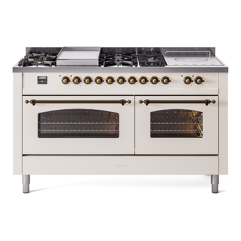 ILVE UP60FSNMPAWBLP Nostalgie II 60" Dual Fuel Range (7 Sealed Burners + Griddle + French Top, Liquid Propane, Triple Glass Door, Antique White, Bronze)