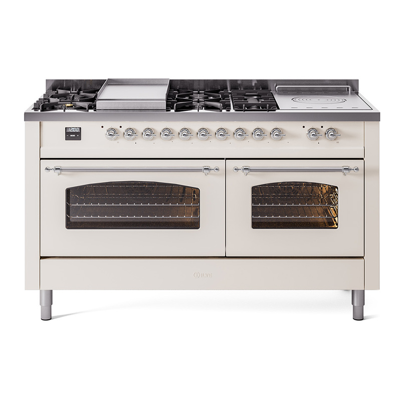 ILVE UP60FSNMPAWCLP Nostalgie II 60" Dual Fuel Range (7 Sealed Burners + Griddle + French Top, Liquid Propane, Triple Glass Door, Antique White, Chrome)