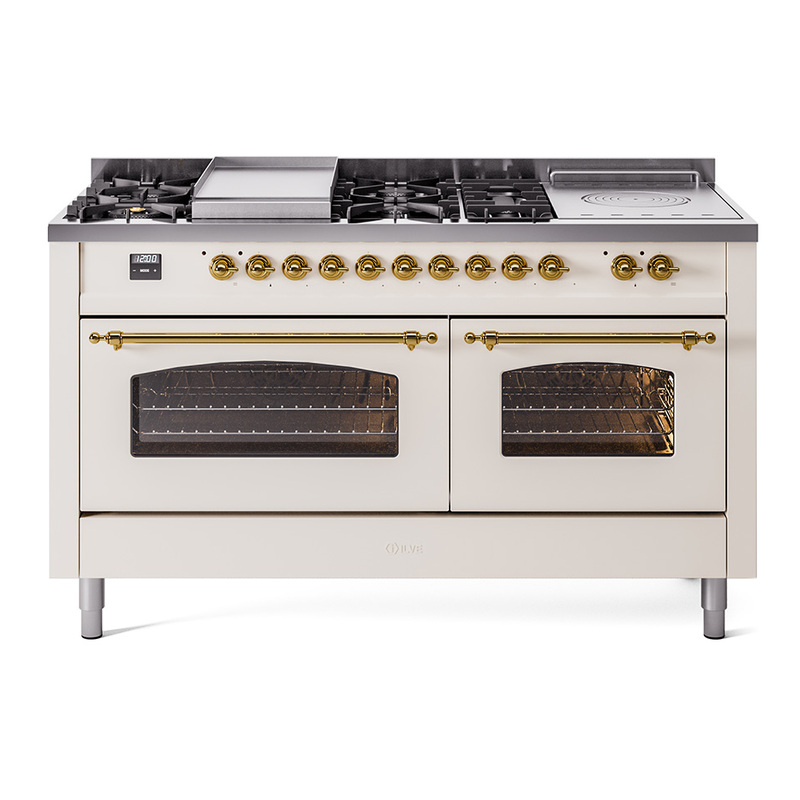 ILVE UP60FSNMPAWGLP Nostalgie II 60" Dual Fuel Range (7 Sealed Burners + Griddle + French Top, Liquid Propane, Triple Glass Door, Antique White, Brass)