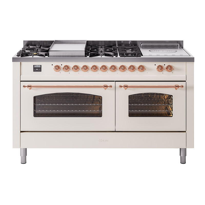 ILVE UP60FSNMPAWPLP Nostalgie II 60" Dual Fuel Range (7 Sealed Burners + Griddle + French Top, Liquid Propane, Triple Glass Door, Antique White, Copper)