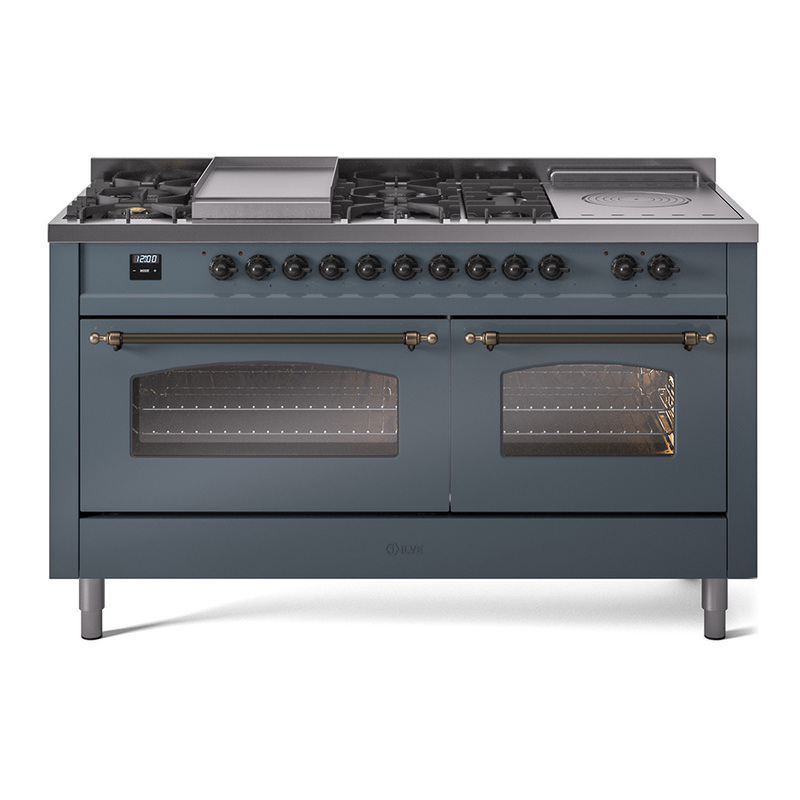 ILVE UP60FSNMPBGBLP Nostalgie II 60" Dual Fuel Range (7 Sealed Burners + Griddle + French Top, Liquid Propane, Triple Glass Door, Blue Grey, Burnished)