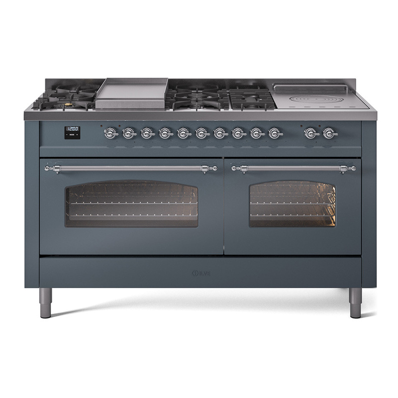 ILVE UP60FSNMPBGCLP Nostalgie II 60" Dual Fuel Range (7 Sealed Burners + Griddle + French Top, Liquid Propane, Triple Glass Door, Blue Grey, Chrome)