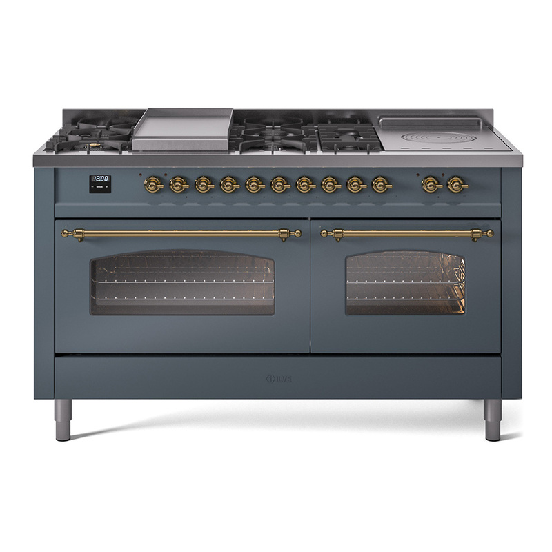 ILVE UP60FSNMPBGGLP Nostalgie II 60" Dual Fuel Range (7 Sealed Burners + Griddle + French Top, Liquid Propane, Triple Glass Door, Blue Grey, Brass)