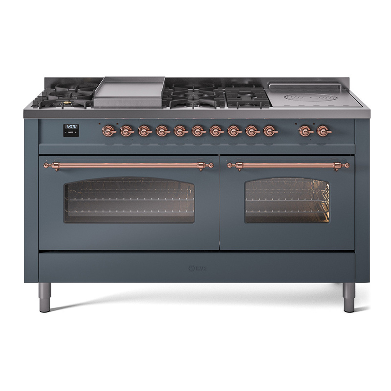 ILVE UP60FSNMPBGPLP Nostalgie II 60" Dual Fuel Range (7 Sealed Burners + Griddle + French Top, Liquid Propane, Triple Glass Door, Blue Grey, Copper)