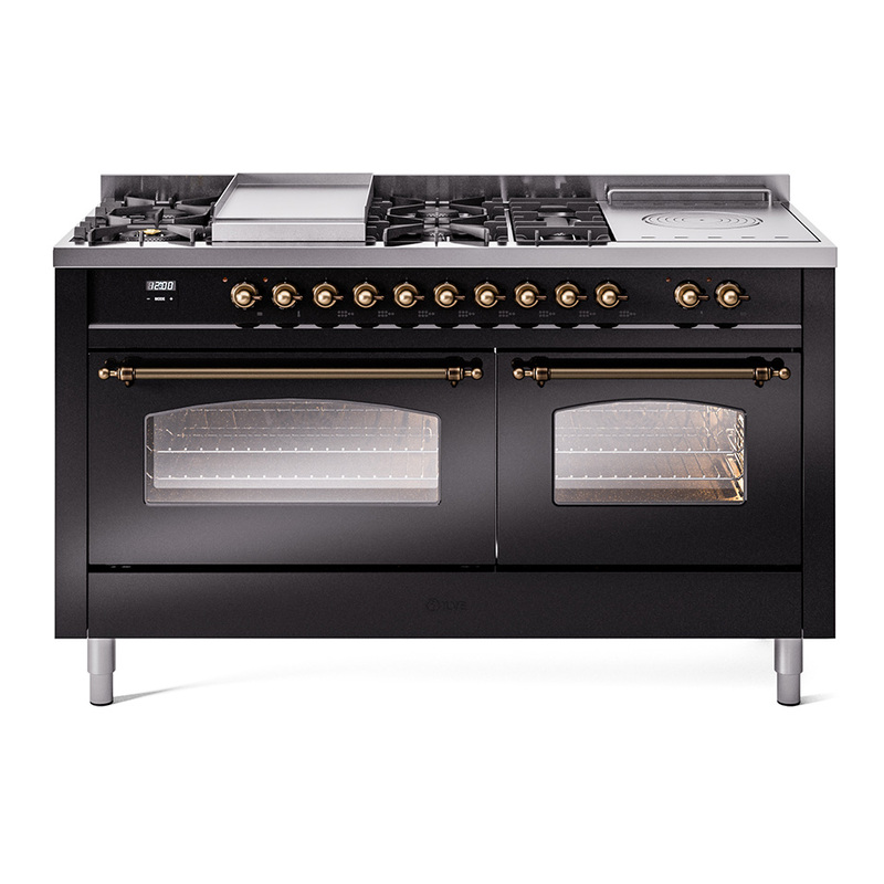 ILVE UP60FSNMPBKBLP Nostalgie II 60" Dual Fuel Range (7 Sealed Burners + Griddle + French Top, Liquid Propane, Triple Glass Door, Glossy Black, Bronze)