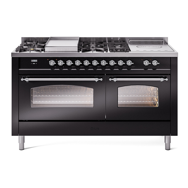 ILVE UP60FSNMPBKCLP Nostalgie II 60" Dual Fuel Range (7 Sealed Burners + Griddle + French Top, Liquid Propane, Triple Glass Door, Glossy Black, Chrome)