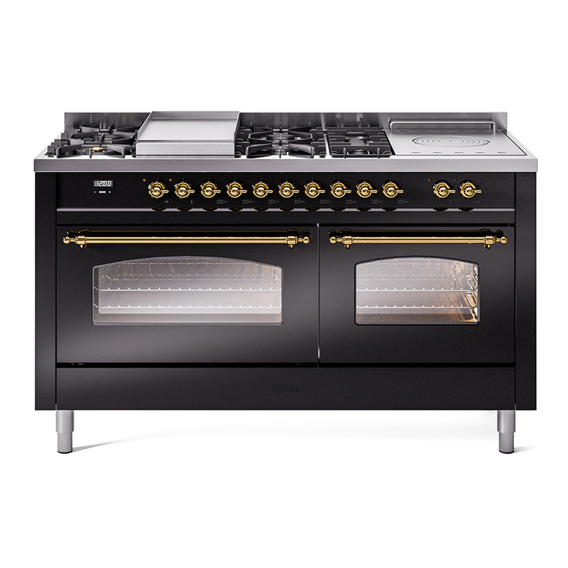 ILVE UP60FSNMPBKGLP Nostalgie II 60" Dual Fuel Range (7 Sealed Burners + Griddle + French Top, Liquid Propane, Triple Glass Door, Glossy Black, Brass)