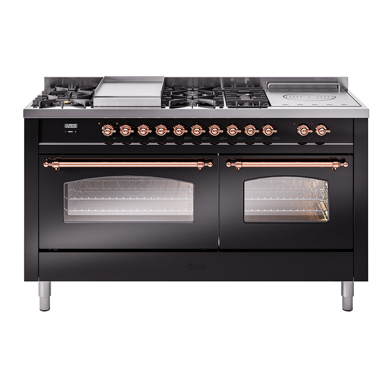 ILVE UP60FSNMPBKPLP Nostalgie II 60" Dual Fuel Range (7 Sealed Burners + Griddle + French Top, Liquid Propane, Triple Glass Door, Glossy Black, Copper)