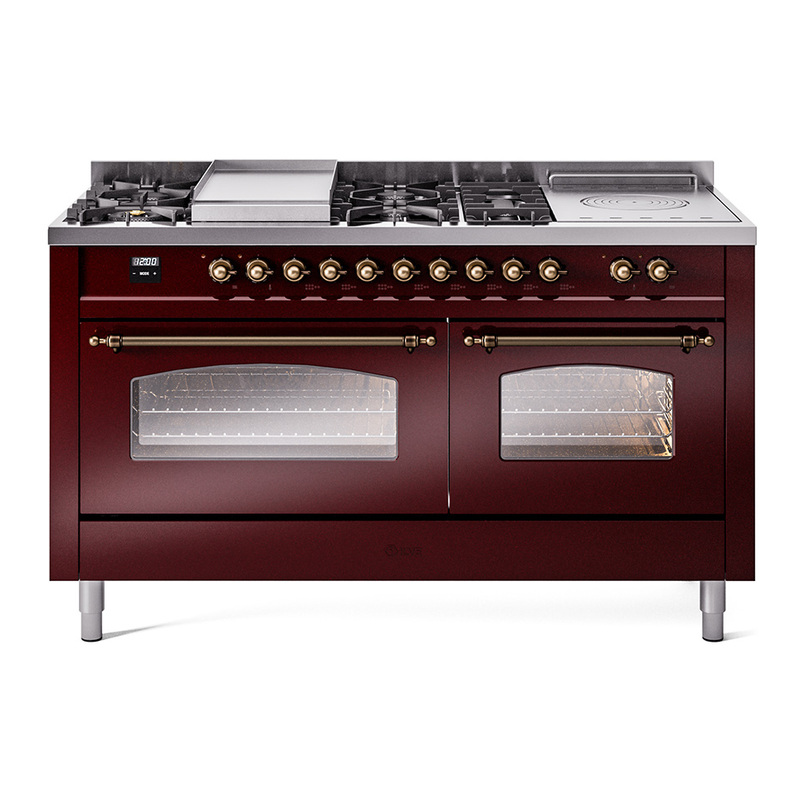 ILVE UP60FSNMPBUBLP Nostalgie II 60" Dual Fuel Range (7 Sealed Burners + Griddle + French Top, Liquid Propane, Triple Glass Door, Burgundy, Bronze)