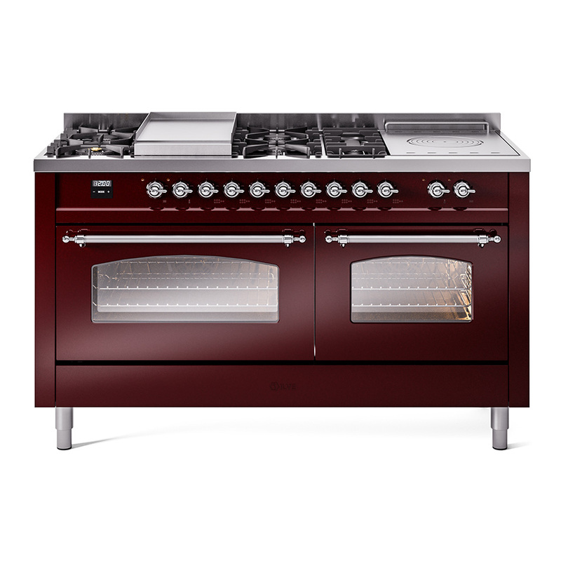 ILVE UP60FSNMPBUCLP Nostalgie II 60" Dual Fuel Range (7 Sealed Burners + Griddle + French Top, Liquid Propane, Triple Glass Door, Burgundy, Chrome)