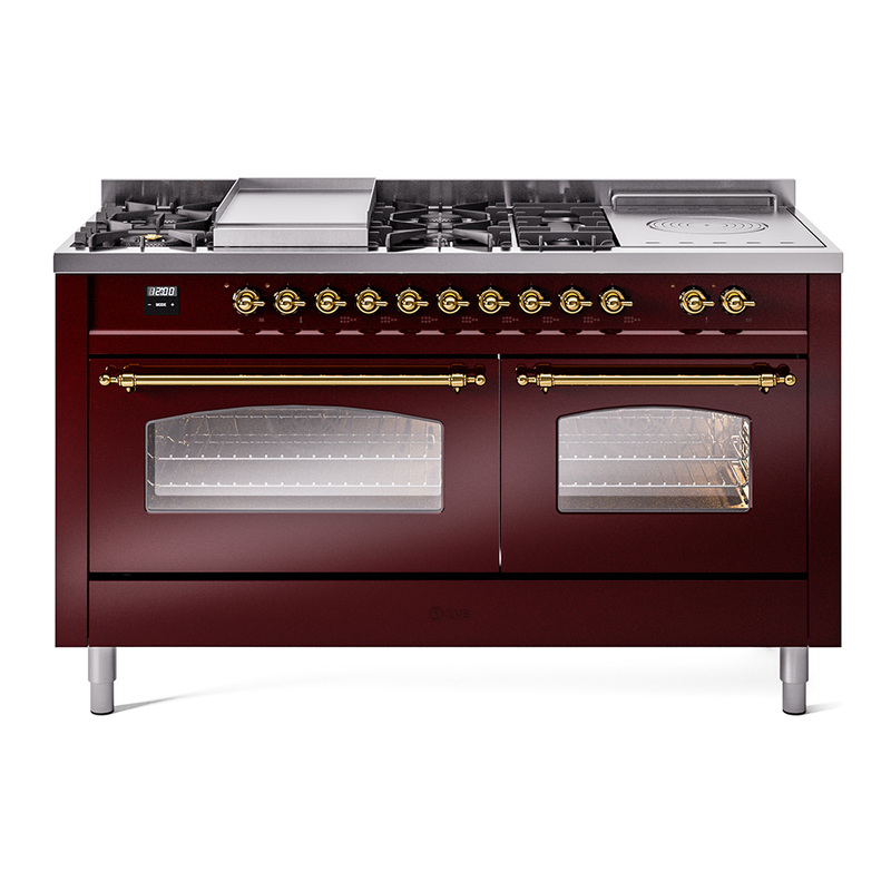 ILVE UP60FSNMPBUGLP Nostalgie II 60" Dual Fuel Range (7 Sealed Burners + Griddle + French Top, Liquid Propane, Triple Glass Door, Burgundy, Brass)