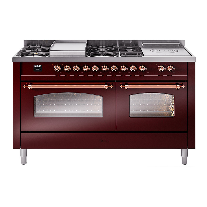 ILVE UP60FSNMPBUPLP Nostalgie II 60" Dual Fuel Range (7 Sealed Burners + Griddle + French Top, Liquid Propane, Triple Glass Door, Burgundy, Copper)