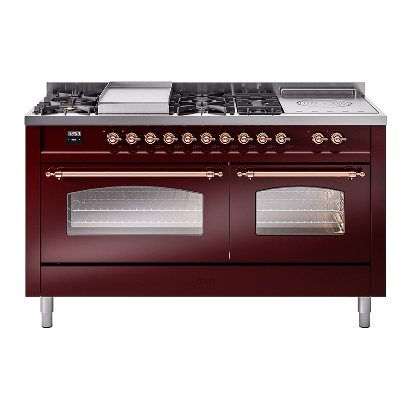 ILVE UP60FSNMPBUP Nostalgie II 60" Dual Fuel Range (7 Sealed Burners + Griddle + French Top, Natural Gas, Triple Glass Door, Burgundy, Copper)