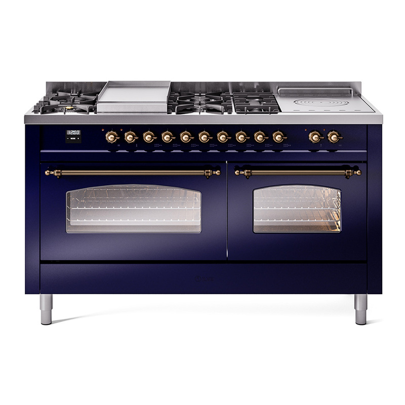 ILVE UP60FSNMPEGBLP Nostalgie II 60" Dual Fuel Range (7 Sealed Burners + Griddle + French Top, Liquid Propane, Triple Glass Door, Emerald Green, Burnished)