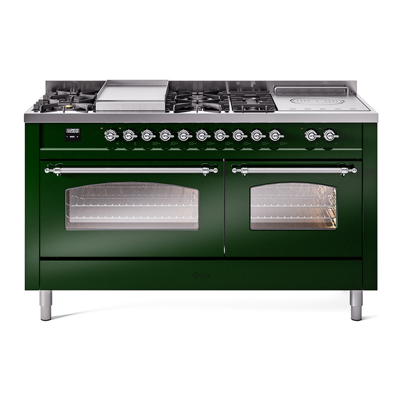 ILVE UP60FSNMPEGCLP Nostalgie II 60" Dual Fuel Range (7 Sealed Burners + Griddle + French Top, Liquid Propane, Triple Glass Door, Emerald Green, Chrome)