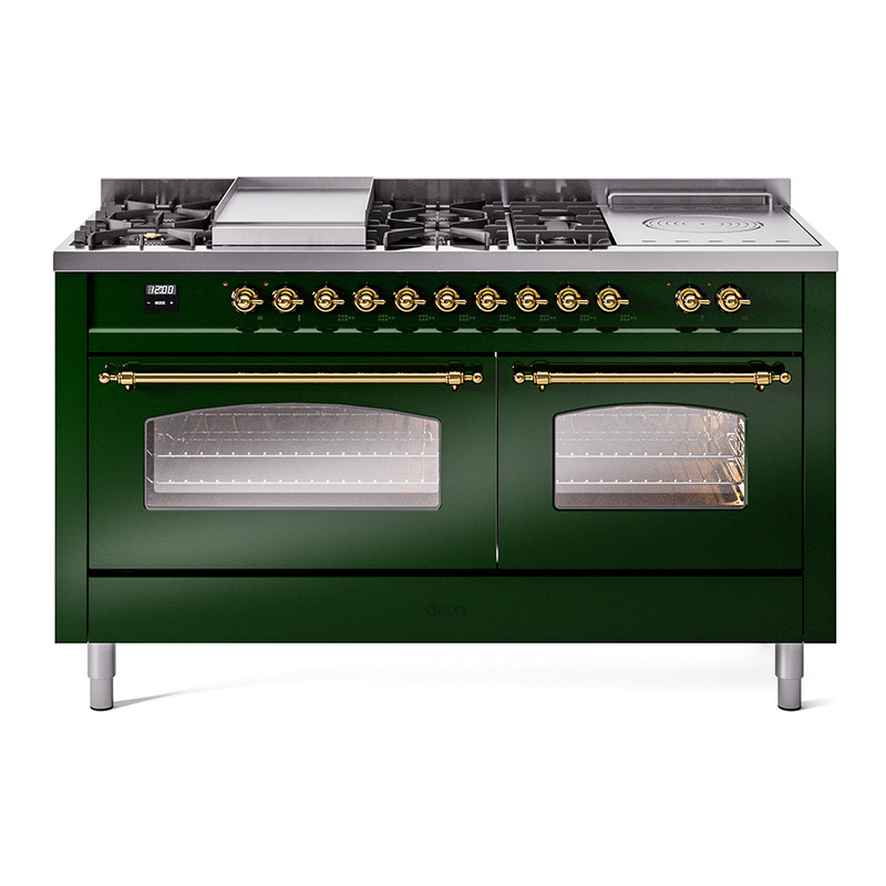 ILVE UP60FSNMPEGGLP Nostalgie II 60" Dual Fuel Range (7 Sealed Burners + Griddle + French Top, Liquid Propane, Triple Glass Door, Emerald Green, Brass)