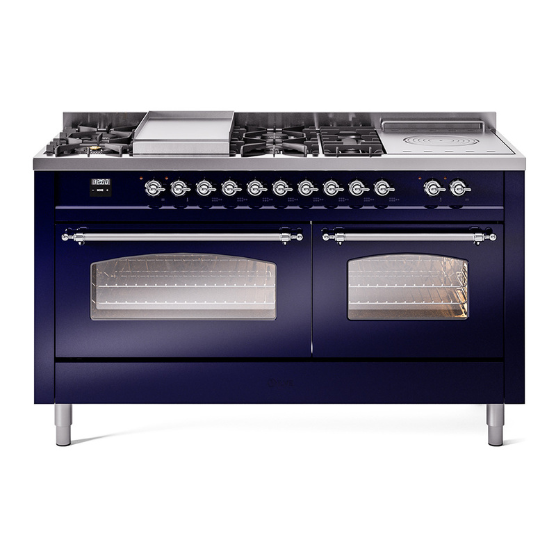 ILVE UP60FSNMPMBCLP Nostalgie II 60" Dual Fuel Range (7 Sealed Burners + Griddle + French Top, Liquid Propane, Triple Glass Door, Midnight Blue, Chrome)