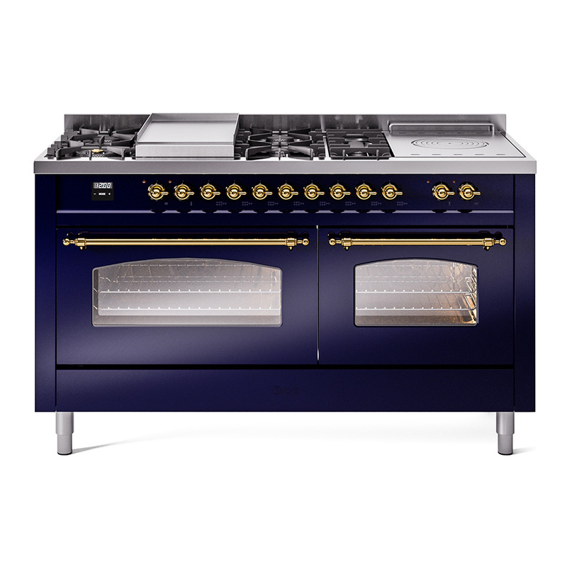 ILVE UP60FSNMPMBGLP Nostalgie II 60" Dual Fuel Range (7 Sealed Burners + Griddle + French Top, Liquid Propane, Triple Glass Door, Midnight Blue, Brass)