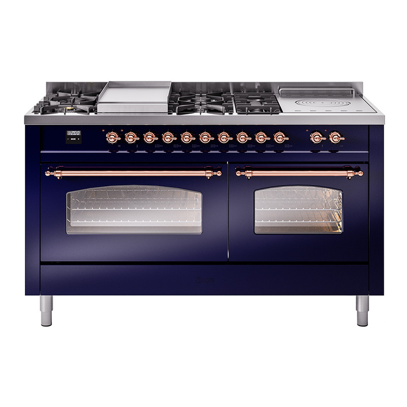 ILVE UP60FSNMPMBPLP Nostalgie II 60" Dual Fuel Range (7 Sealed Burners + Griddle + French Top, Liquid Propane, Triple Glass Door, Midnight Blue, Copper)