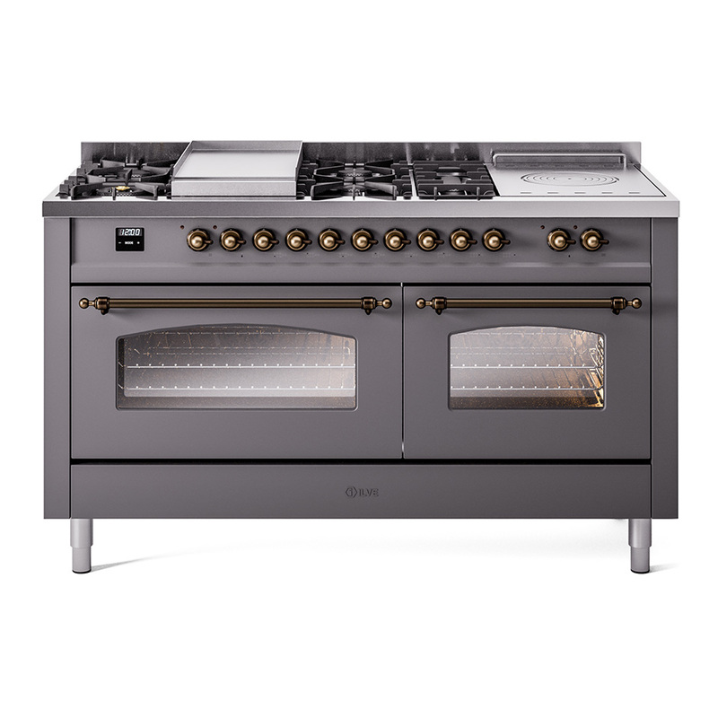 ILVE UP60FSNMPMGBLP Nostalgie II 60" Dual Fuel Range (7 Sealed Burners + Griddle + French Top, Liquid Propane, Triple Glass Door, Graphite Matte, Bronze)