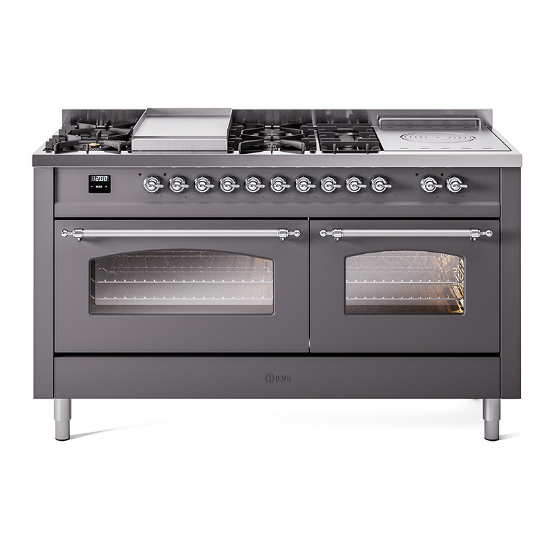 ILVE UP60FSNMPMGCLP Nostalgie II 60" Dual Fuel Range (7 Sealed Burners + Griddle + French Top, Liquid Propane, Triple Glass Door, Graphite Matte, Chrome)