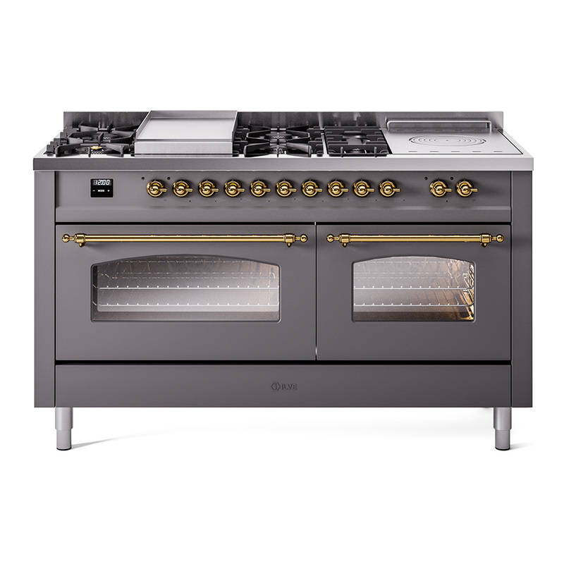 ILVE UP60FSNMPMGGLP Nostalgie II 60" Dual Fuel Range (7 Sealed Burners + Griddle + French Top, Liquid Propane, Triple Glass Door, Graphite Matte, Brass)