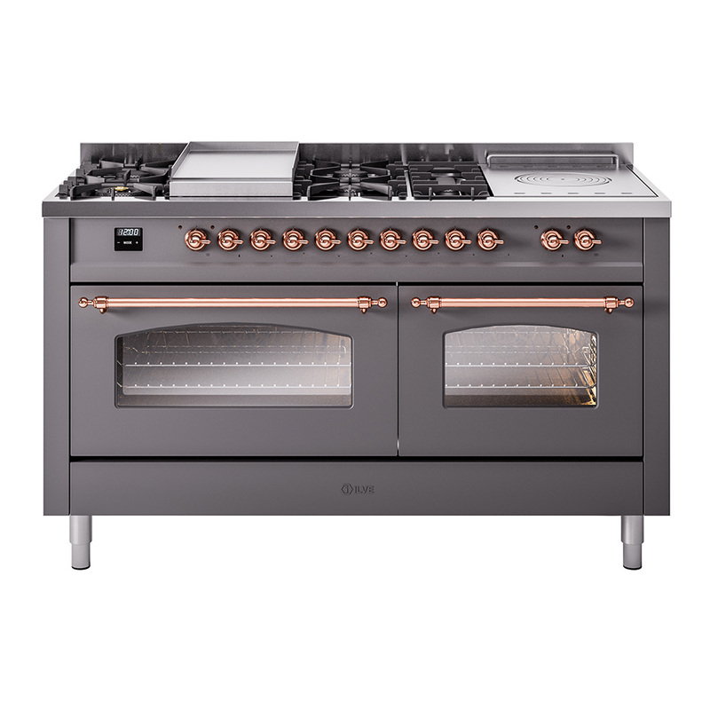 ILVE UP60FSNMPMGPLP Nostalgie II 60" Dual Fuel Range (7 Sealed Burners + Griddle + French Top, Liquid Propane, Triple Glass Door, Graphite Matte, Copper)