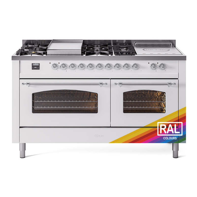 ILVE UP60FSNMPRACLP Nostalgie II 60" Dual Fuel Range (7 Sealed Burners + Griddle + French Top, Liquid Propane, Triple Glass Door, RAL, Chrome)