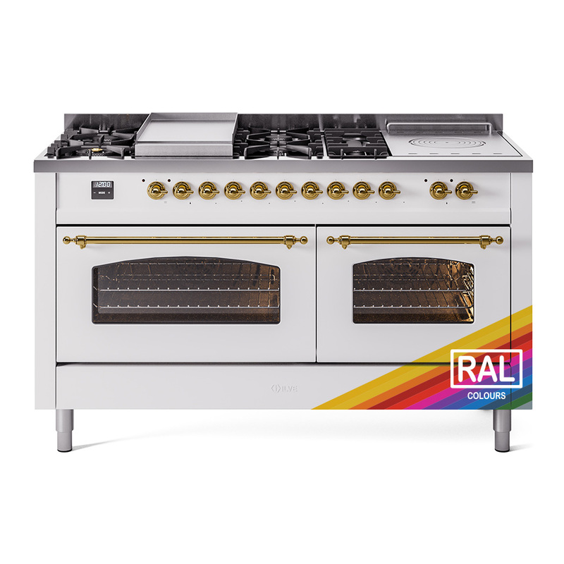 ILVE UP60FSNMPRAGLP Nostalgie II 60" Dual Fuel Range (7 Sealed Burners + Griddle + French Top, Liquid Propane, Triple Glass Door, RAL, Brass)