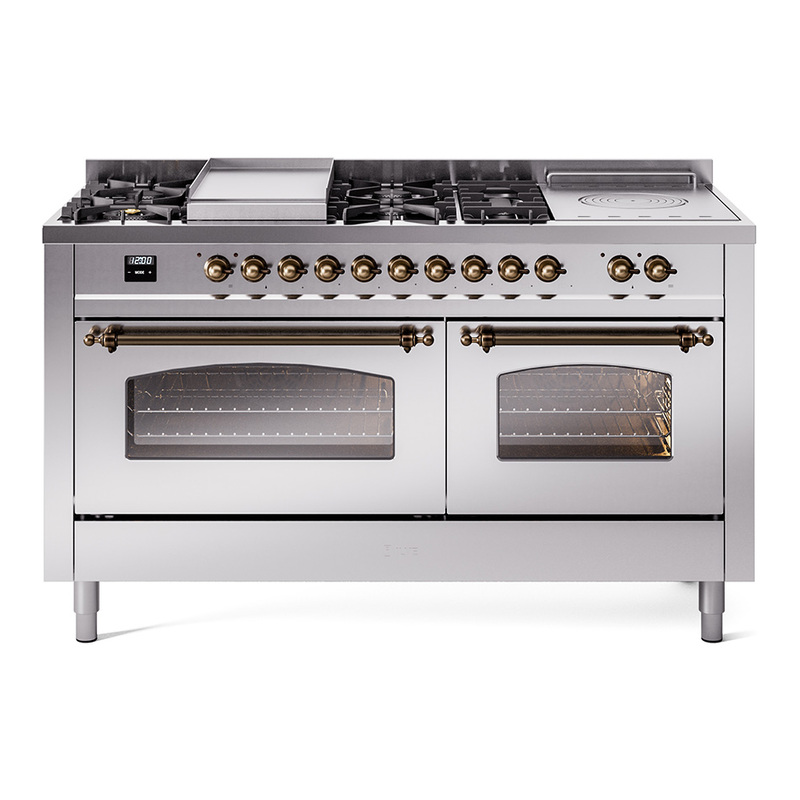 ILVE UP60FSNMPSSBLP Nostalgie II 60" Dual Fuel Range (7 Sealed Burners + Griddle + French Top, Liquid Propane, Triple Glass Door, Stainless Steel, Bronze)