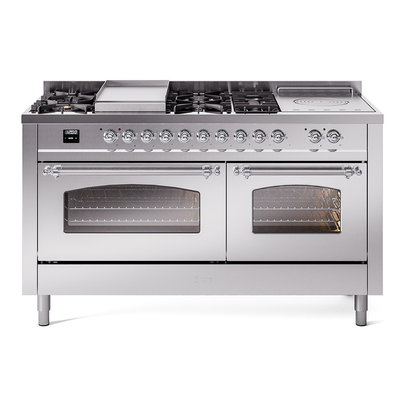 ILVE UP60FSNMPSSCLP Nostalgie II 60" Dual Fuel Range (7 Sealed Burners + Griddle + French Top, Liquid Propane, Triple Glass Door, Stainless Steel, Chrome)