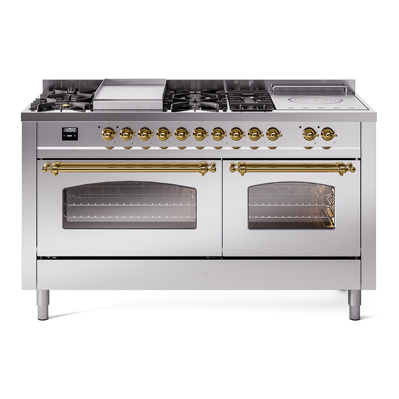 ILVE UP60FSNMPSSGLP Nostalgie II 60" Dual Fuel Range (7 Sealed Burners + Griddle + French Top, Liquid Propane, Triple Glass Door, Stainless Steel, Brass)