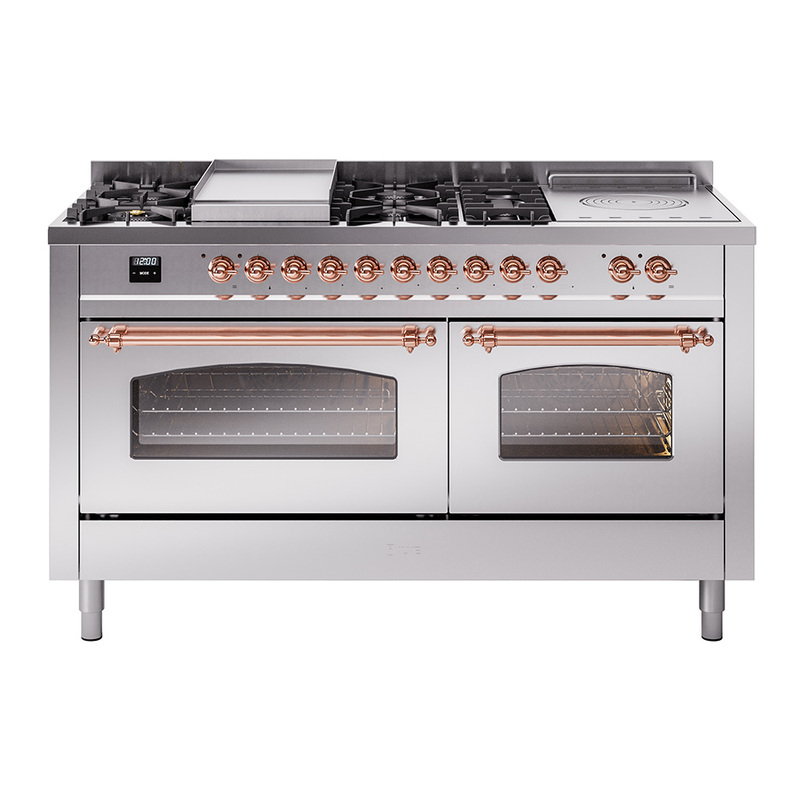 ILVE UP60FSNMPSSPLP Nostalgie II 60" Dual Fuel Range (7 Sealed Burners + Griddle + French Top, Liquid Propane, Triple Glass Door, Stainless Steel, Copper)