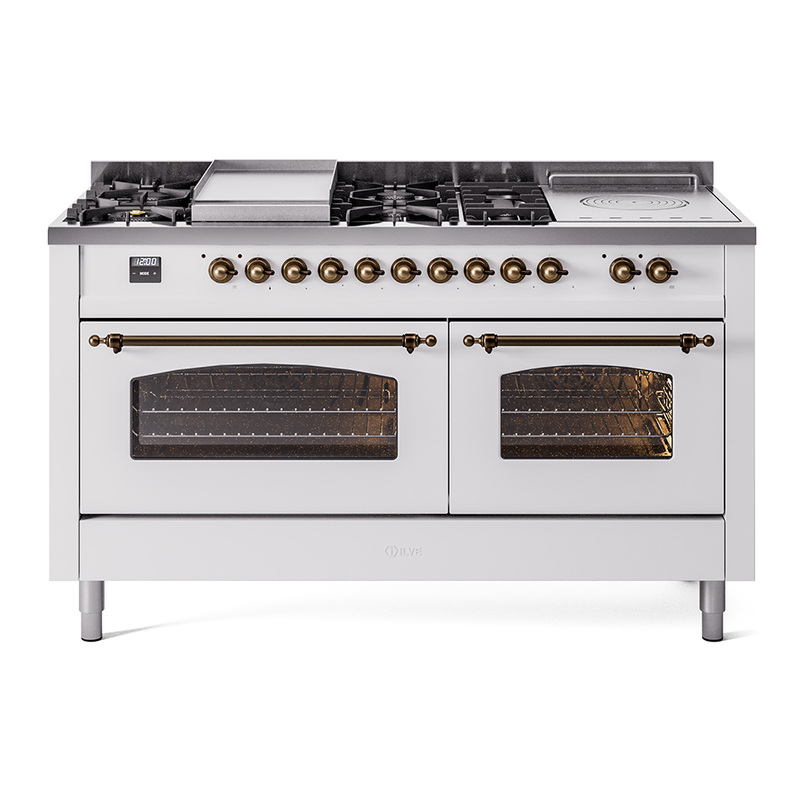 ILVE UP60FSNMPWHBLP Nostalgie II 60" Dual Fuel Range (7 Sealed Burners + Griddle + French Top, Liquid Propane, Triple Glass Door, White, Burnished)