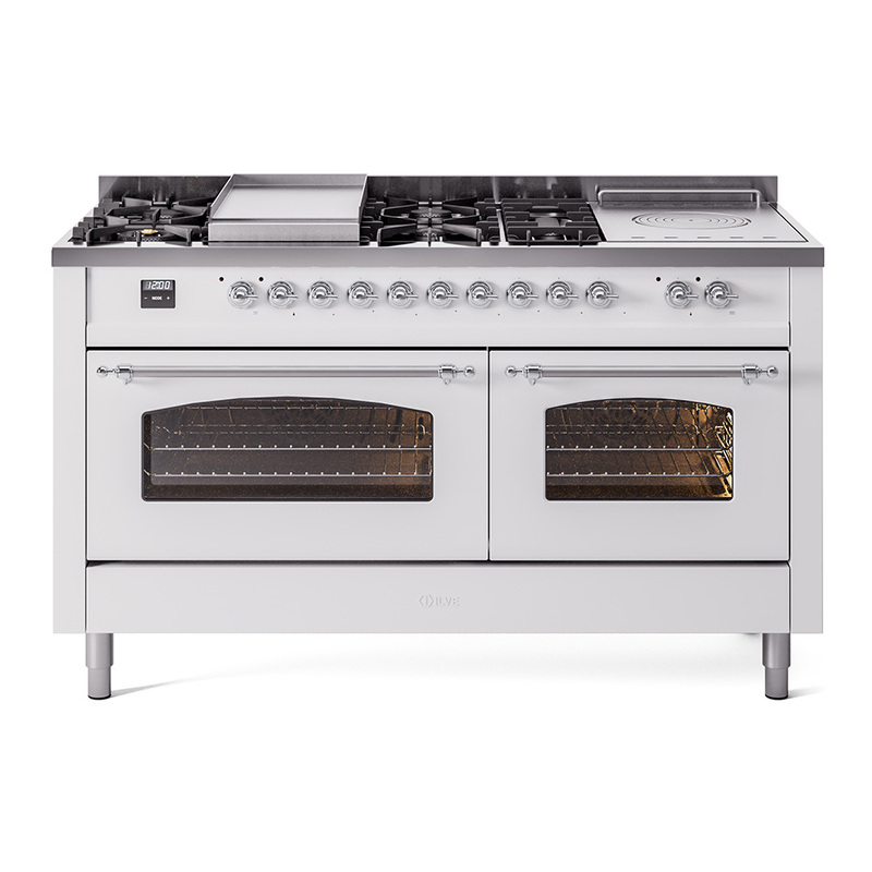 ILVE UP60FSNMPWHCLP Nostalgie II 60" Dual Fuel Range (7 Sealed Burners + Griddle + French Top, Liquid Propane, Triple Glass Door, White, Chrome)