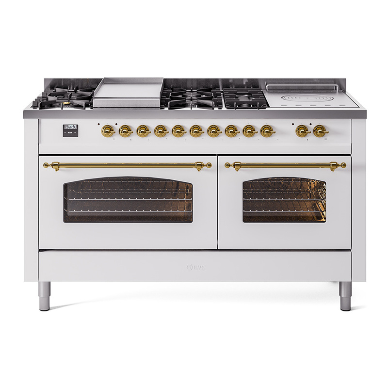 ILVE UP60FSNMPWHGLP Nostalgie II 60" Dual Fuel Range (7 Sealed Burners + Griddle + French Top, Liquid Propane, Triple Glass Door, White, Brass)