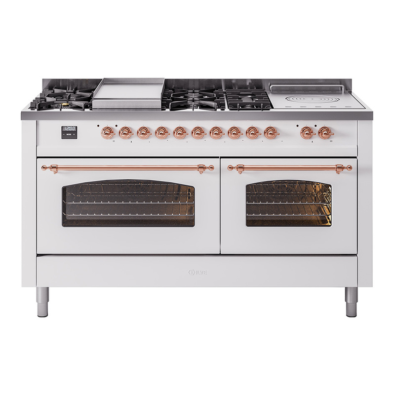 ILVE UP60FSNMPWHPLP Nostalgie II 60" Dual Fuel Range (7 Sealed Burners + Griddle + French Top, Liquid Propane, Triple Glass Door, White, Copper)